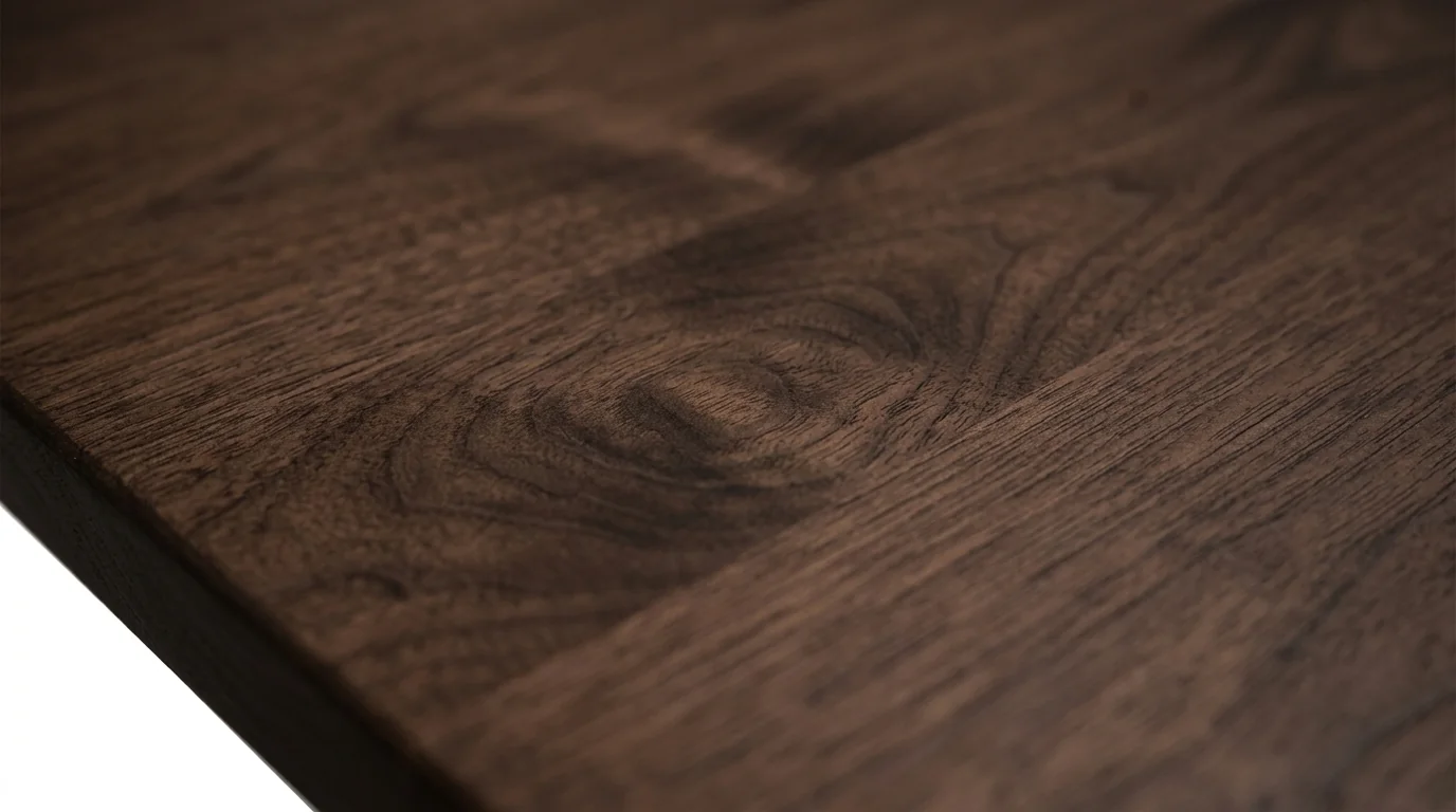 Macro close-up of walnut wood grain texture on the table top.
