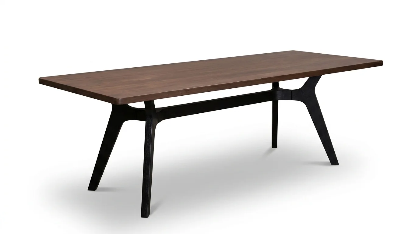 Three-quarter studio shot of walnut dining table with sculpted black base on white.