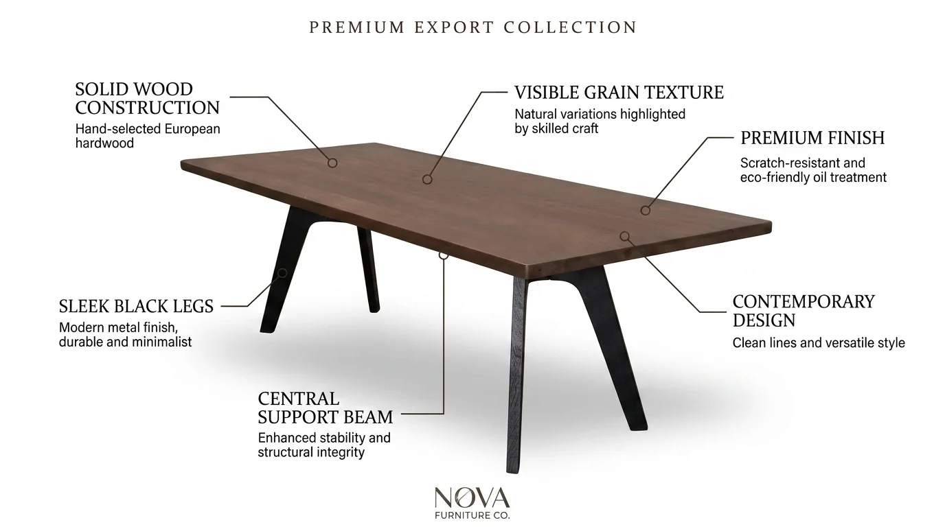 Infographic listing features of the walnut dining table for the premium export collection.