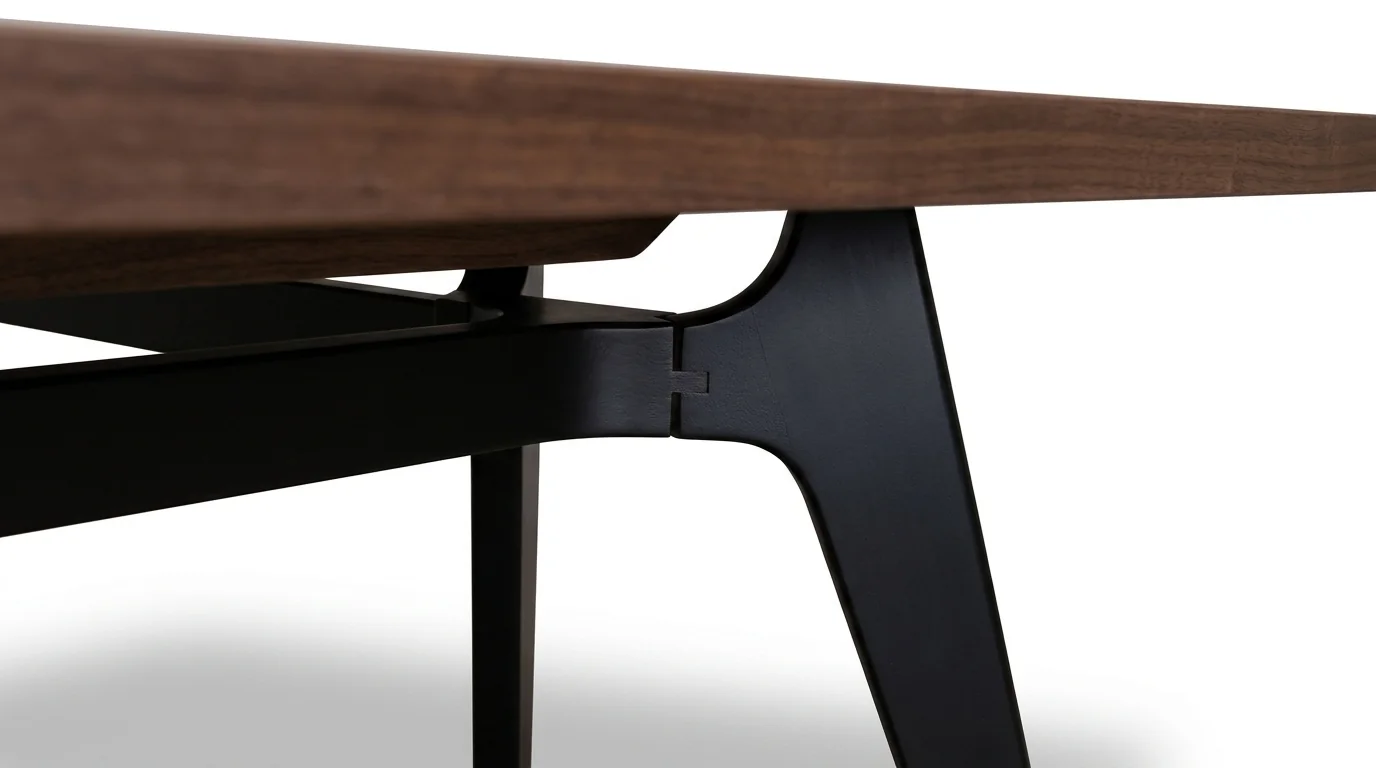 Macro close-up of the sculpted black base and joinery of the walnut dining table.