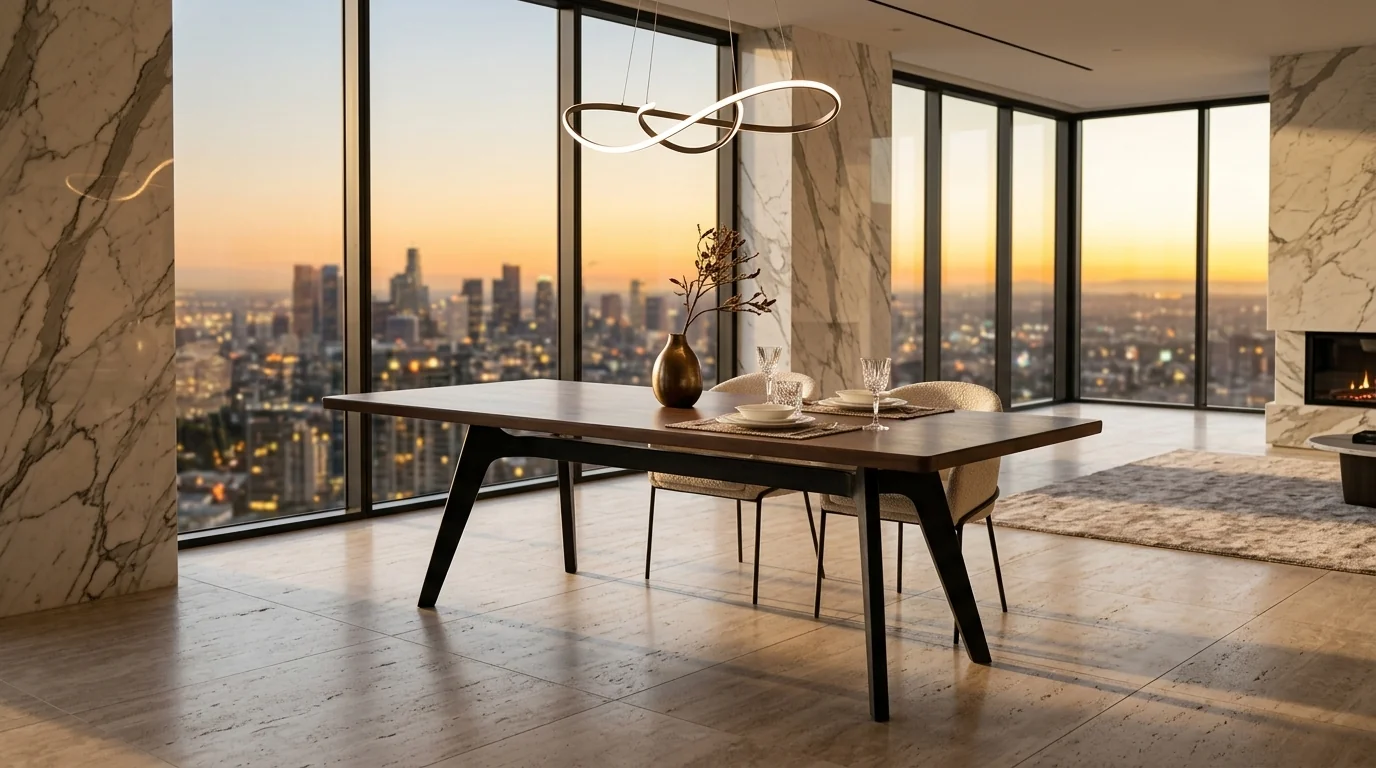 Walnut dining table styled in a marble penthouse with city skyline at sunset.