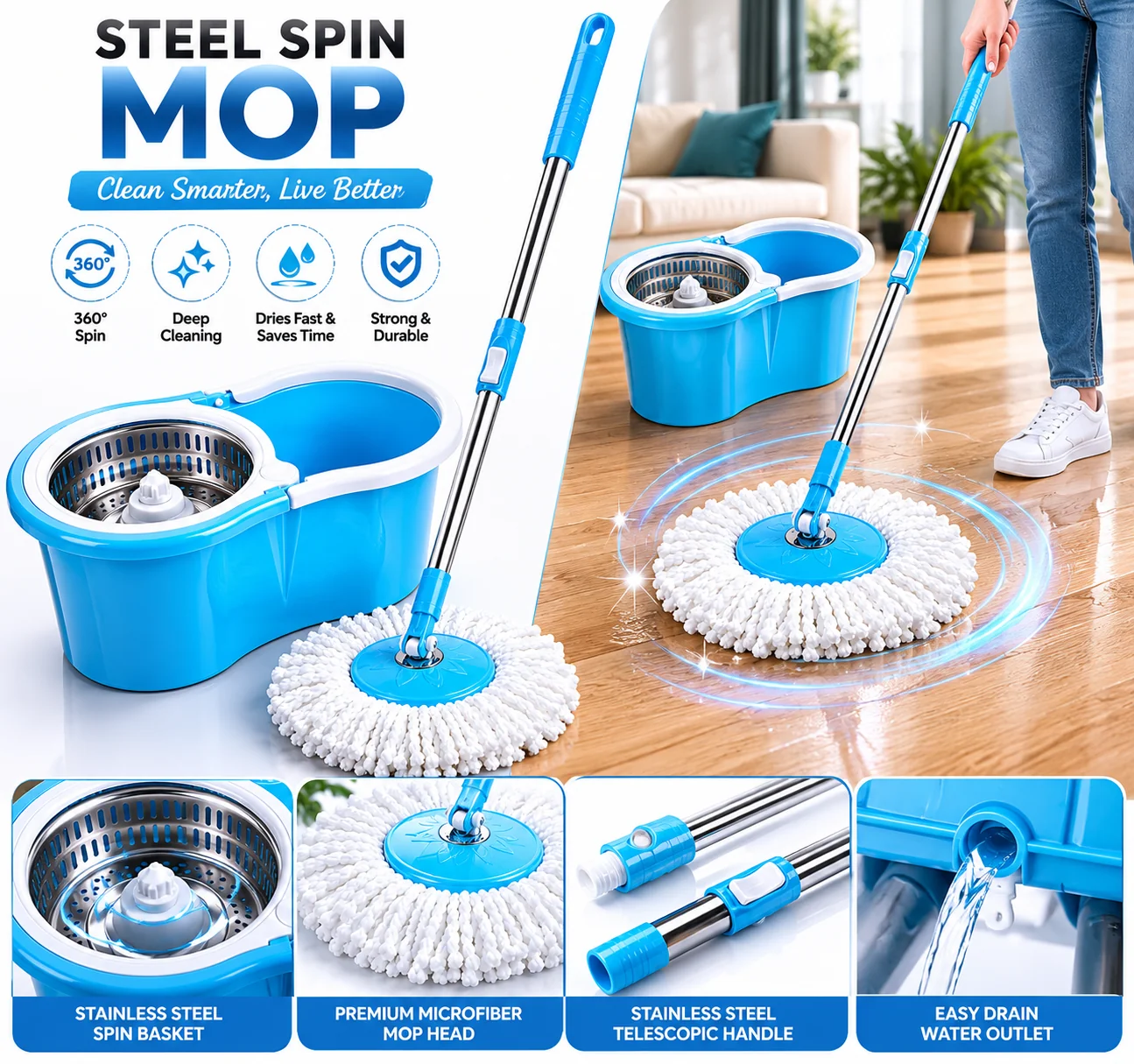 Steel spin mop infographic with 360° spin, deep cleaning and durability callouts.