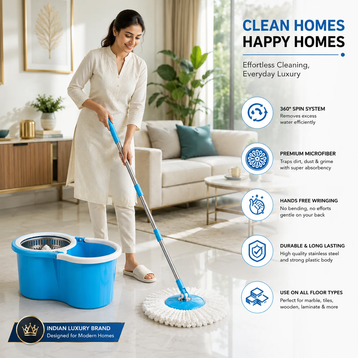 Indian woman using the steel spin mop in a modern living room.