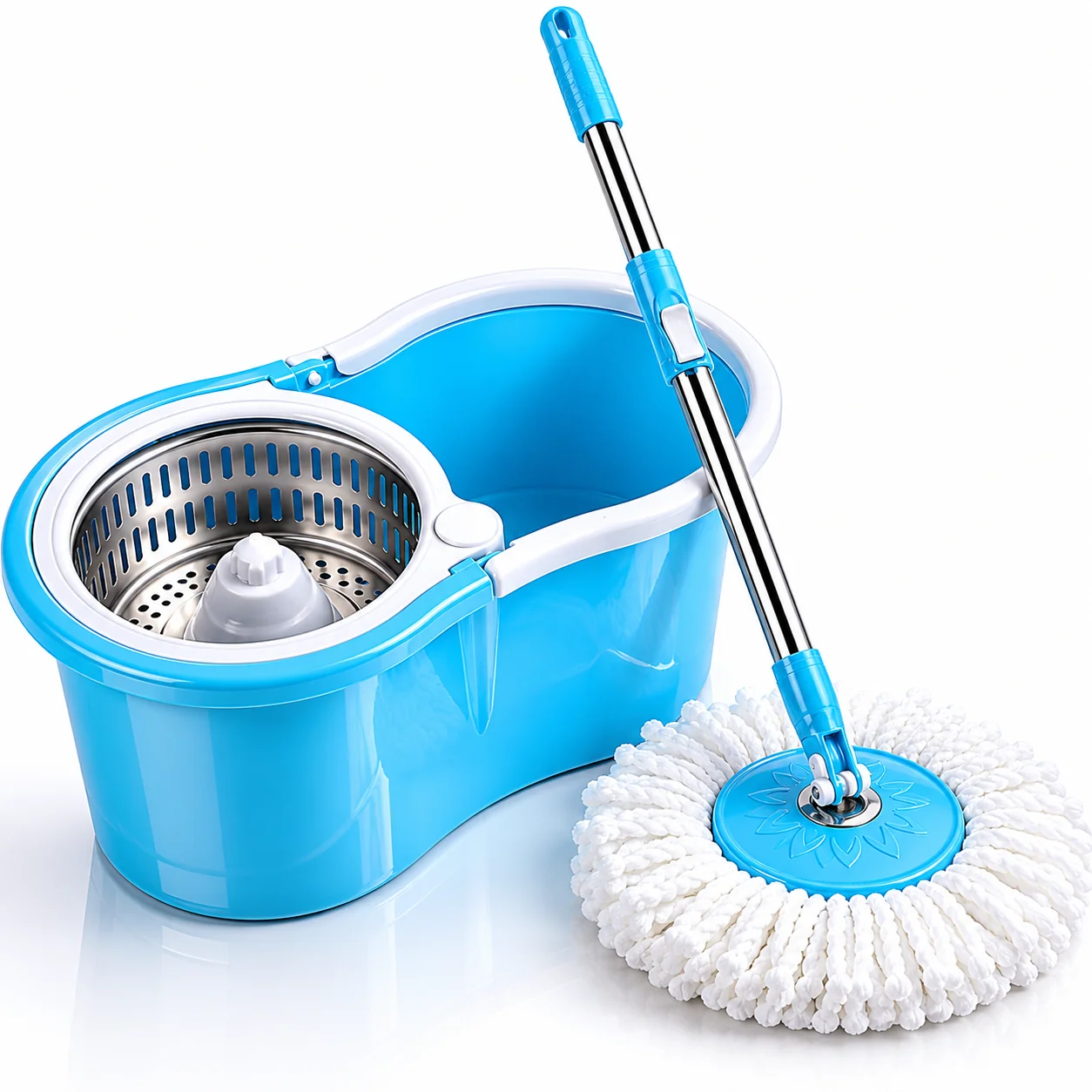 Steel spin mop with bucket — clean studio product shot.
