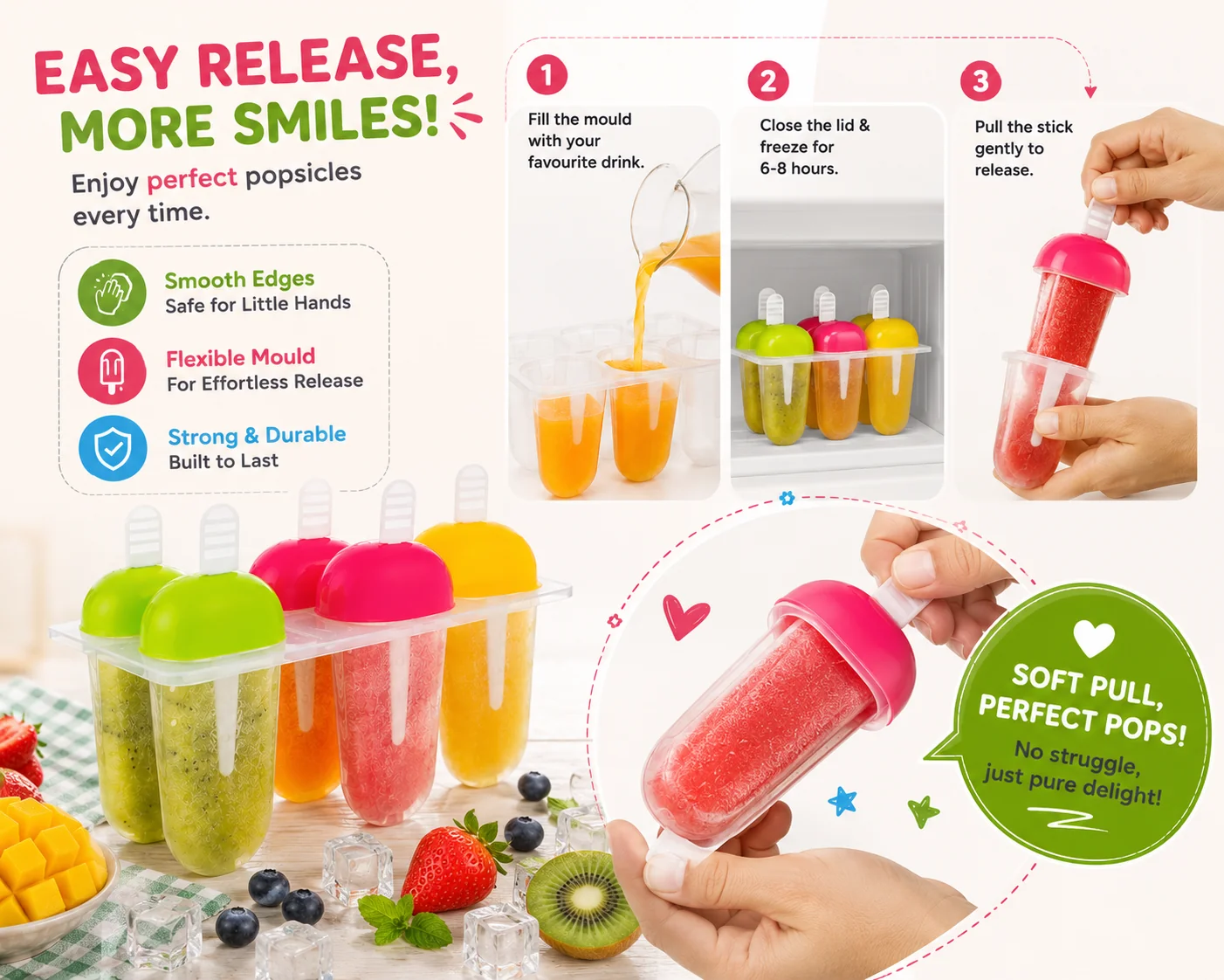 Popsicle mould infographic showing easy release steps and flexible mould benefits.
