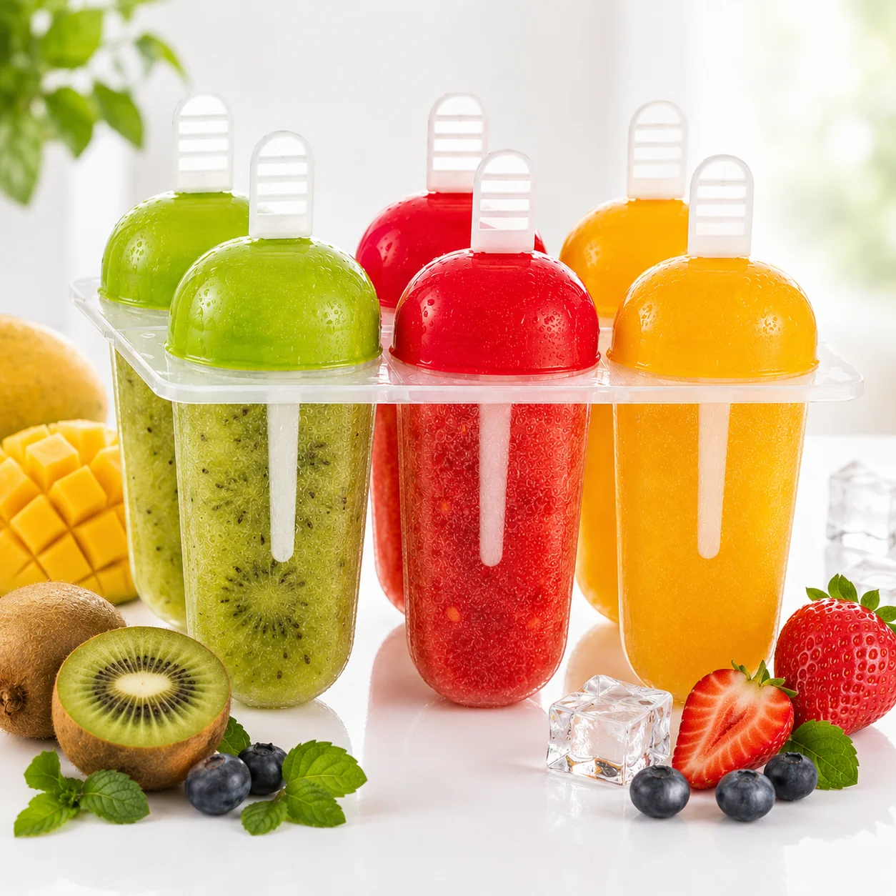 Colorful reusable popsicle mould set with fruit arranged around it.