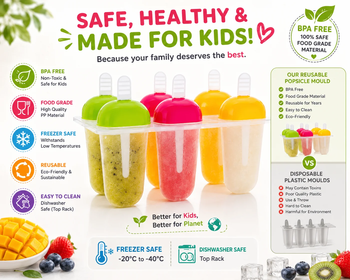 Popsicle mould infographic showing BPA-free, food-grade, reusable and dishwasher-safe claims.