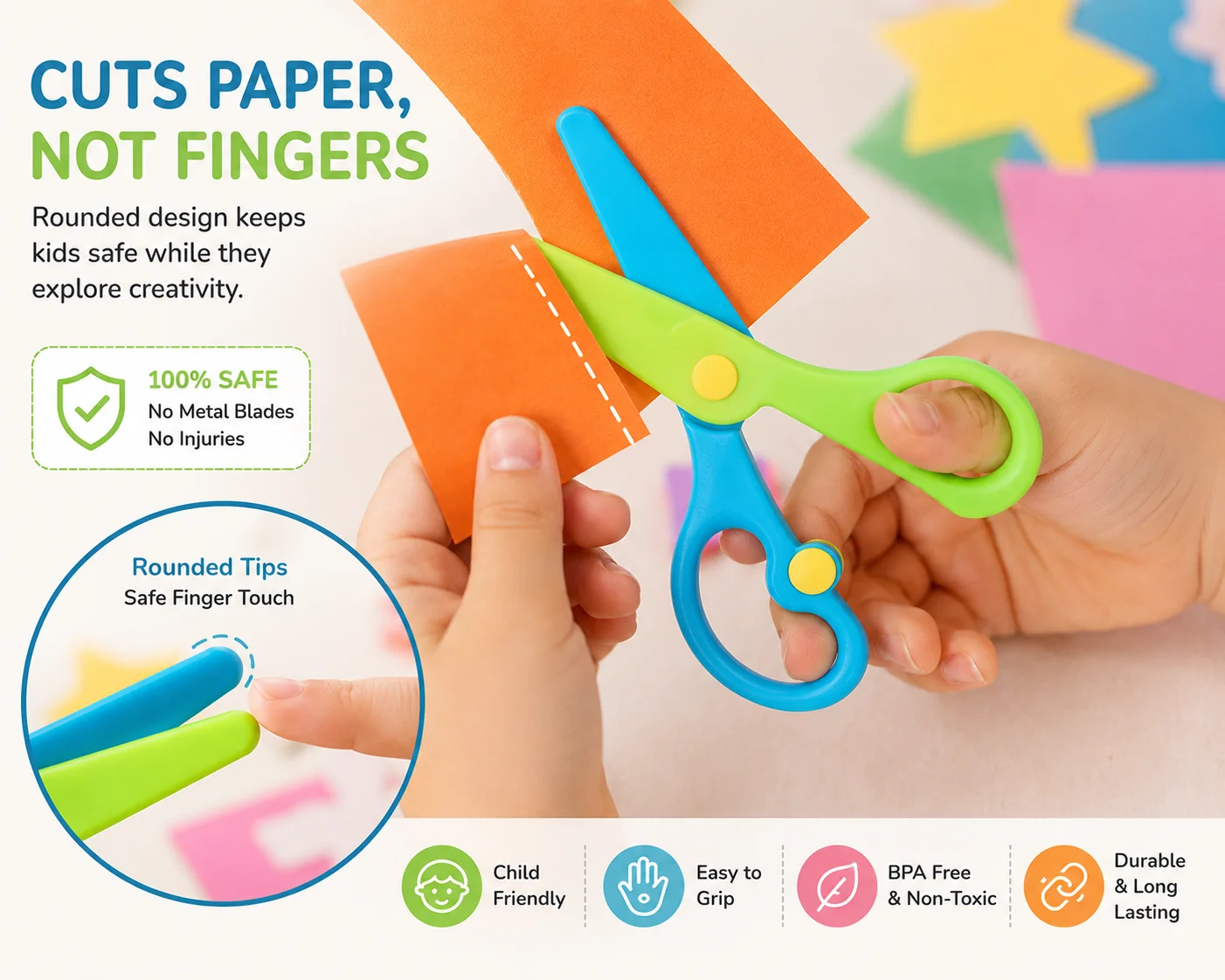 Infographic showing scissors cut paper not fingers.