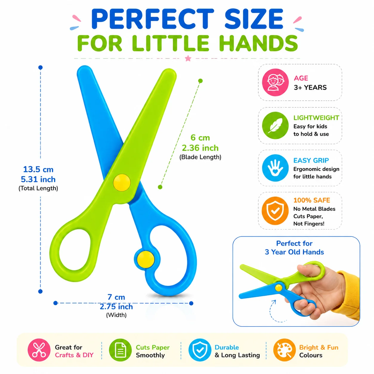 Kids safety scissors perfect-size dimensions infographic.