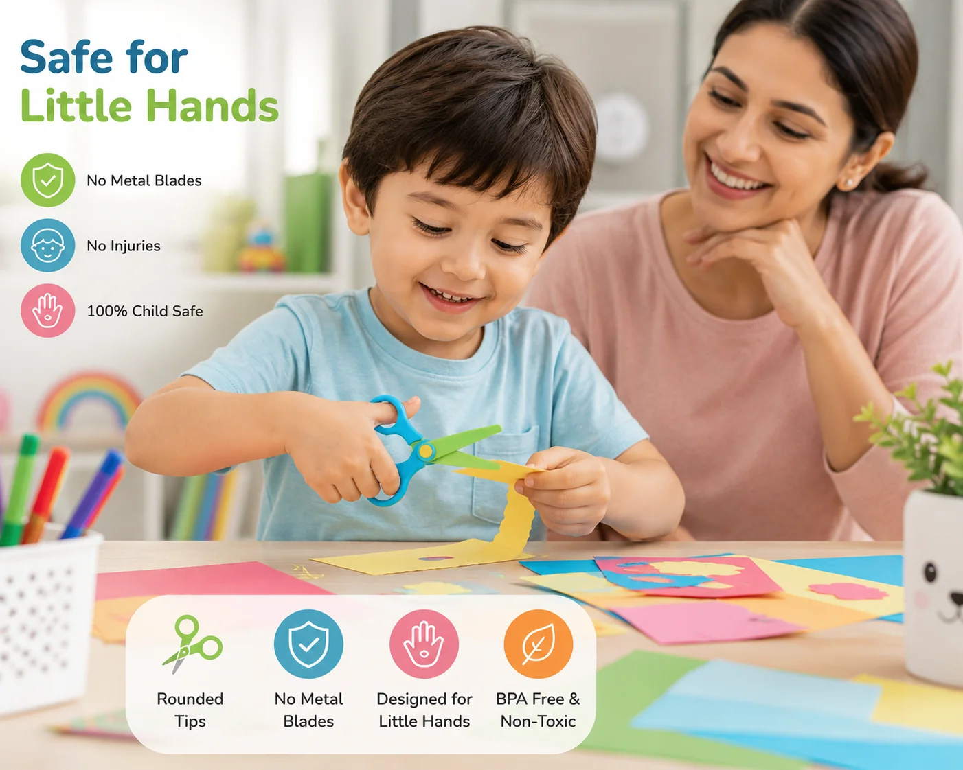 Child safely using kids safety scissors.