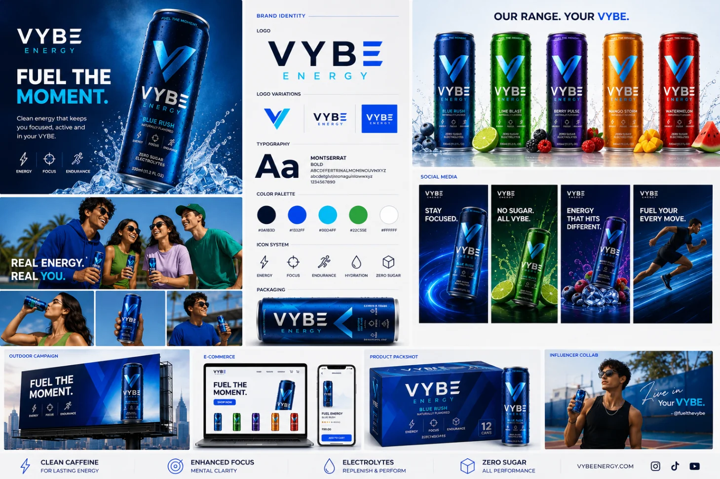 Vybe Energy full brand board with identity, packaging, ecommerce, outdoor campaign, social media and lifestyle campaign assets.