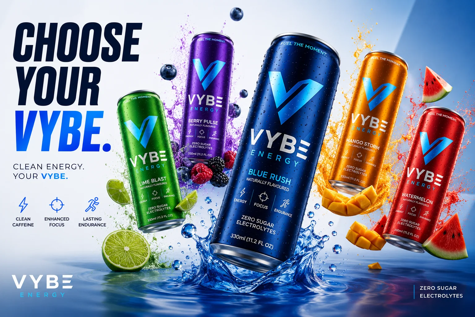 Vybe Energy full flavor campaign showing multiple can variants with fruit splashes.