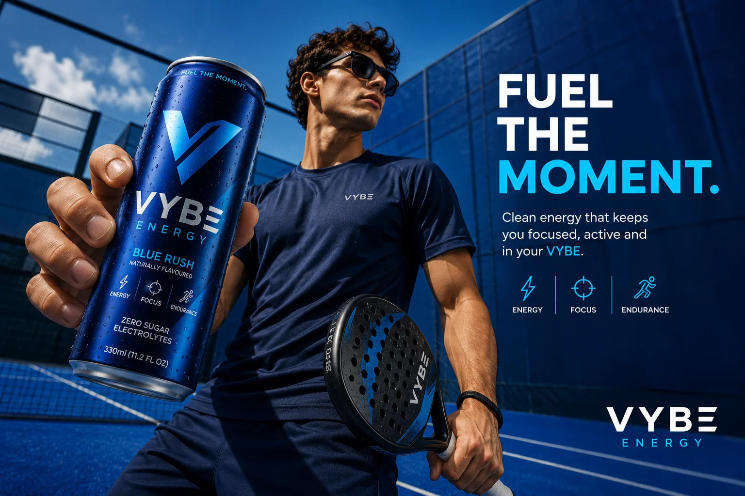 Vybe Energy lifestyle campaign featuring a tennis player holding the drink can on court.
